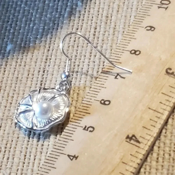 Hand Crafted White Faux Cultured Pearl Silver Plated Lily Pad Dangle Earrings - Picture 10 of 10